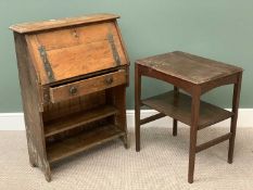 ARTS & CRAFTS STYLE OAK BUREAU with two base shelves and central drawer, label for 