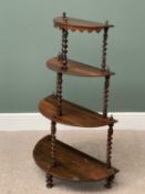 ROSEWOOD WHATNOT having four half moon shelves with twist supports, 110cms H, 69cms W, 34cms D