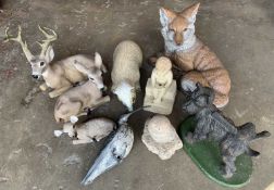 GARDEN ORNAMENTS to include a family of deer, fox (labelled 