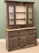 VICTORIAN PINE DRESSER, the upper section having central shelves flanked by twin glazed doors over