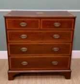 19TH CENTURY MAHOGANY, SATINWOOD CROSSBANDED & MARQUETRY CHEST, F. Thomas (Halesowen) label to back,