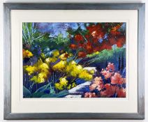 ‡ BONNIE HELEN HAWKINS, acrylic on card, Flowers, label verso, 41 x 56cm