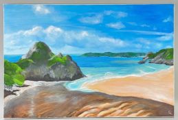 SERENA CUTLER acrylic on stretched canvas - entitled 'Three Cliffs Bay', 50 x 60cms