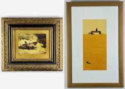 TWO PICTURES - (1) reproduction antique-style print of two pheasants, 15 x 19cms (2) initialled