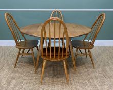 ERCOL ELM DINING TABLE & FOUR DINING CHAIRS, table model '384' with drop flap sides, 113cm w, chairs