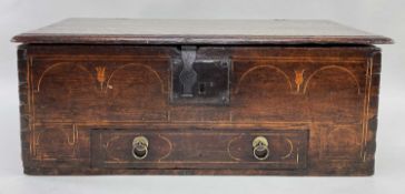 WELSH OAK COFFER BACH, Glamorganshire or South Pembrokeshire, holly-inlaid stringing and tulip