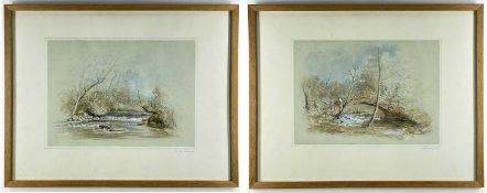 WELSH SCHOOL watercolours, a pair - circa 1920s, river scenes with figures, indistinctly titled to