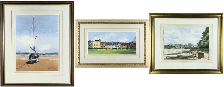 ‡ ALUN EDWARDS, three watercolours - 'Beached' a yacht to Tenby beach at low tide, 33 x 25cm; '