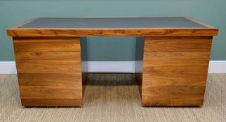 CONTEMPORARY WALNUT PEDESTAL DESK, inset brown leather top upon banks of drawers and filing