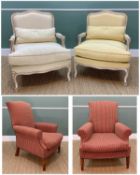 PAIR LOUIS XV-STYLE WHITE PAINTED BERGERES, lemon and ivory upholstery, and a GEORGIAN-STYLE