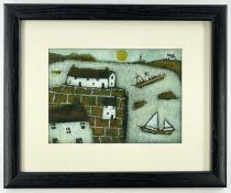 SUE MORGAN, acrylic on card - 'Two Boats at the Bay', inscribed on Attic Gallery label verso, 12 x
