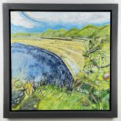 LISA HENDERSON acrylic on paper collage on board - entitled 'Across Rhossili Bay', 56 x 56cms,