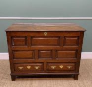18TH CENTURY JOINED OAK MULE CHEST, moulded two-plank top, panelled sides, 2 apron drawers, stile