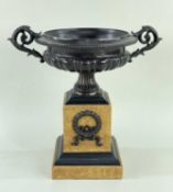 MODERN GRAND TOUR-STYLE CAMPANA VASE, with half fluted body and acanthus handles, on socle stem