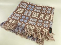 DERW MILLS TRADITIONAL WELSH WOOLLEN TAPESTRY BLANKET geometric design in blue, cream and brown,