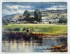 WILLIAM E HARRIS oil on canvas - two figures and dog in landscape, entitled verso 'Dolgelley, N.