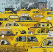‡ NICK HOLLY acrylic on board - entitled verso on Attic Gallery label 'Taxis N.Y.C',