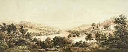 THOMAS HORNOR watercolour - expansive landscape with carriage beside buildings, titled 'Vale of