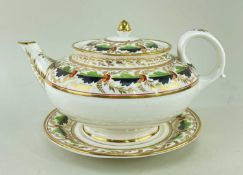 LARGE NANTGARW PORCELAIN TEAPOT & STAND circa 1814-1822, the teapot of bellied circular form with
