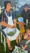 ‡ CLAUDIA WILLIAMS oil on board - entitled 'Shelling Peas 1956', signedDimensions: 90 x