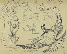 ‡ ERIC MALTHOUSE pen and ink - pigeons being released by handler, from the artist's Pigeon Loft