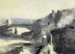 ‡ WILLIAM SELWYN watercolour - Conwy with roadbridge, castle and smoking chimneys, entitled verso '