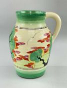 CLARICE CLIFF 'GREEN ERIN' PATTERN LOTUS JUG, c. 1933, painted with billowing trees with black