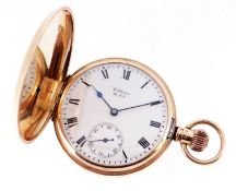 15CT ROSE GOLD WALTHAM HUNTER POCKET WATCH, Birmingham 1910, white enamel roman dial with subsidiary
