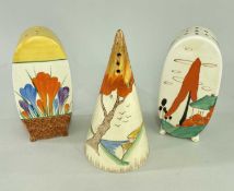 THREE CLARICE CLIFF SUGAR CASTERS, comprising conical 'Taormina Orange', Bonjour 'Crocus', and