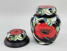 MOORCROFT POTTERY GINGER JAR & COVER tube-line decoration by Rachel Bishop in `Poppy` pattern,