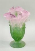 DAUM PATE DE VERRE GLASS VASE, lilac and green roses, circular foot, signed 'Daum France', boxed,