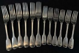 TWO MATCHED SETS OF SIX SILVER FORKS, all with engraved initials, various London hallmarks, total