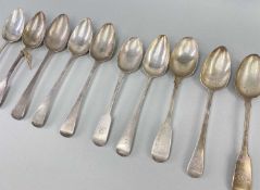 ASSORTED ANTIQUE SILVER TABLEWARE, comprisng 9 late George III silver fiddle and Old English pattern