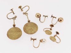 THREE PAIRS OF 9CT GOLD EARRINGS together with a single 9ct gold pearl set earring, 10.4gms gross (