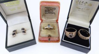 ASSORTED GOLD JEWELLERY comprising 9ct gold garnet textured ring, 9ct gold woven/plaited design ring