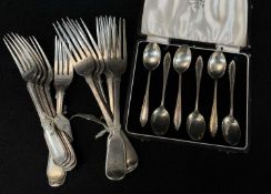 SILVER FORKS & SPOONS, comprising set 6 George III fiddle pattern table forks, London 1819, set 6
