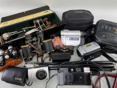 ASSORTED VINTAGE 35MM CAMERAS, ACCESSORIES & a MASSAGER, including tripod, two Sony Handycam,