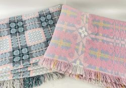 TWO WELSH WOOLEN 'TAPESTRY' BLANKETS, pink, blue, green, yellow and cream, with fringes, 178 x