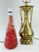 TWO TABLE LAMPS, comprising post War Italian ribbed glass lamp with red and aventurine inclusions,