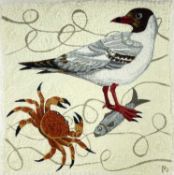 AMANDA WRIGHT wool on cotton - Black Headed Gull and Crab, signed with initials, titled verso with
