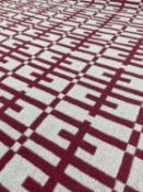 WELSH WOOLLEN 'TAPESTRY' BLANKET, claret and white, with knotted fringe, Wonderwool label, 158 x