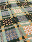 WELSH WOOLLEN 'TAPESTRY' BLANKET, apricot, forest green, black, white, with fringe, 190 x 220 (excl.