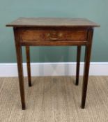 18TH CENTURY JOINED OAK SIDE TABLE, boarded top above single frieze drawer on tapering square