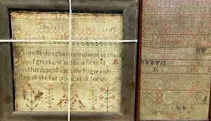 FRAMED NEEDLEWORK SAMPLERS (2) - both having indistinct names and dates, the smaller possibly