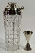 BLACK-STARR & FROST, GORHAM STERLING SILVER TOPPED & MOUNTED GLASS COCKTAIL SHAKER, 26cms overall H,