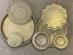 PERSIAN STYLE BRASS & OTHER METAL TABLE TOPS (2) & PLAQUES (3) - 60cms the largest, 24cms the