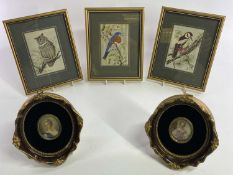 CASH'S FRAMED WOVEN SILKS OF BIRDS (3) and two portrait miniatures on paper, oval format in