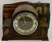 OAK CASED ART DECO MANTLE CLOCK, desktop letter rack and an antique style Byzantine wall hanging