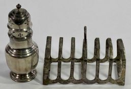 SILVER TOAST RACK & A STANDING SUGAR CASTER, Sheffield 1938, maker Emile Viner and Birmingham 1946