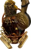 COPPER COAL SCUTTLE, BRASS FIRESIDE IMPLEMENTS, pair of St Bernard dog doorstops, ETC